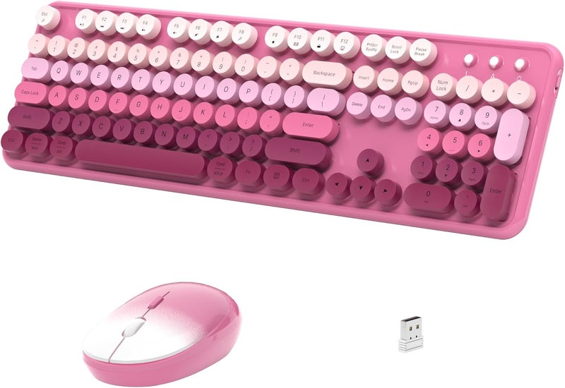 Links9+ Wireless Keyboard and Mouse, Full-Size Retro Typewriter Keyboard with Round Keycaps, 2.4GHz for Windows, Mac, Laptop, PC, Desktop (Dark Pink Gradient) - Image 1